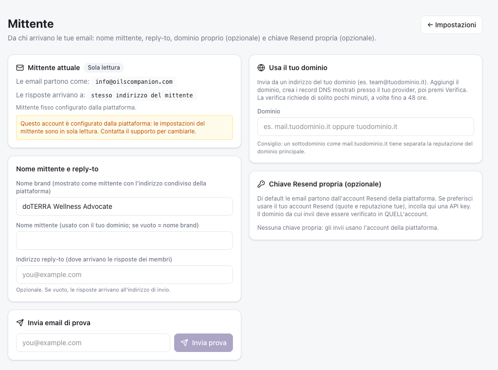Settings → Sender: display name, postal address and domain verification.